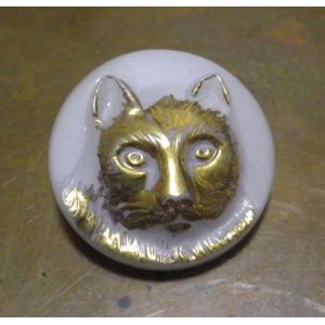 画像: Vintage White/Gold Cat Glass Button 22.5mm