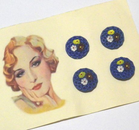 画像3: Vintage Flower Painted Blue Glass Button 22mm